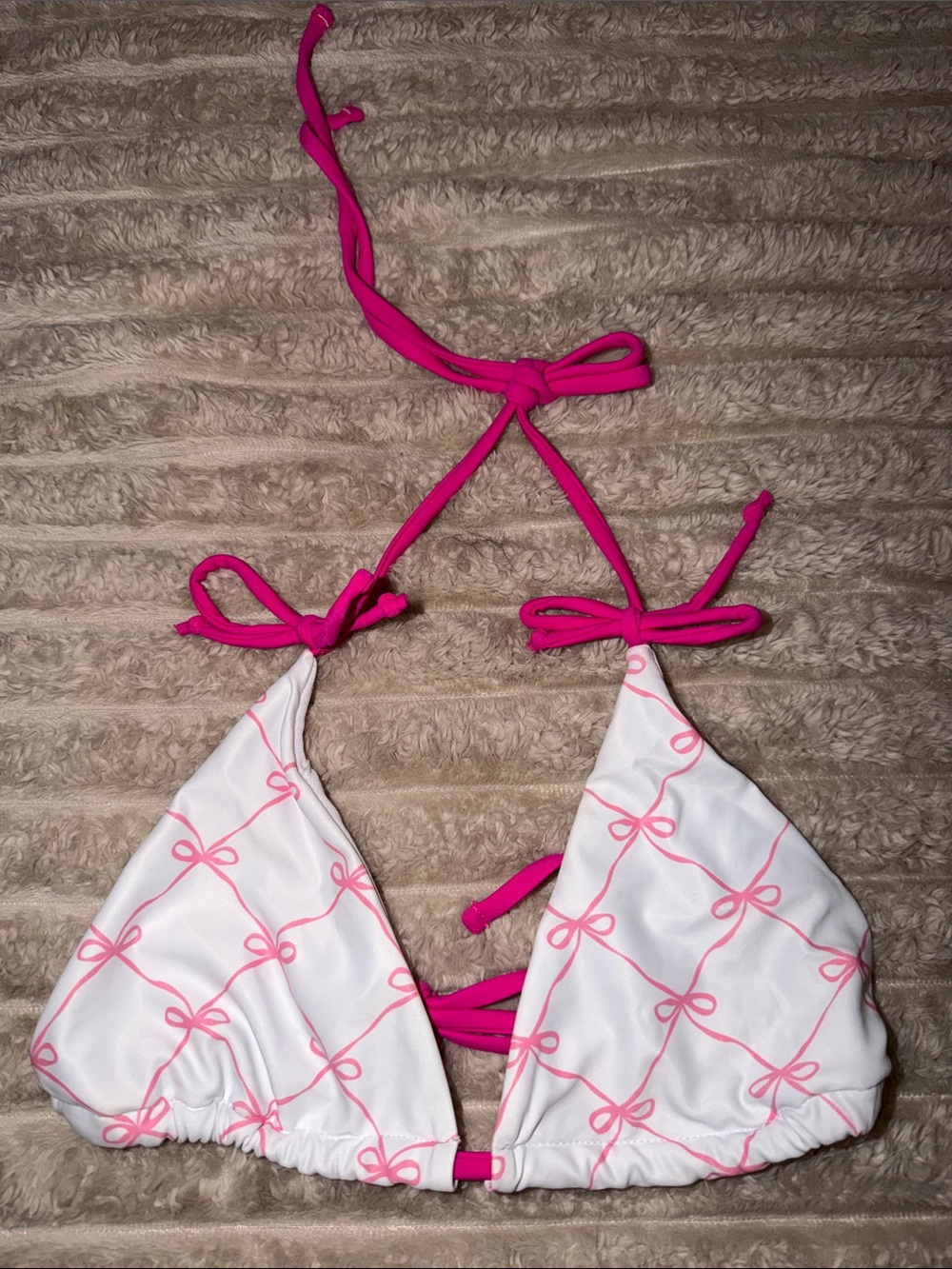 White & Hot Pink Bow Print Triangle Bikini Top - Picture 2 of 7